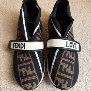 Fendi Love Logo Slip-On Sneakers in Black and Tan. Excellent pre owned.